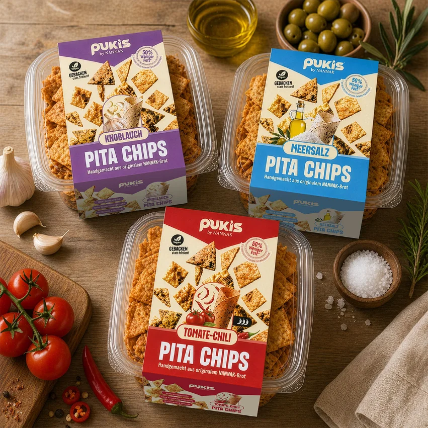 Drei Pukis Pita-Chips-Sorten auf dunklem Holz mit diversen Zutaten drumherum.